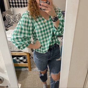 a new day green and white checkered puff sleeve blouse size large